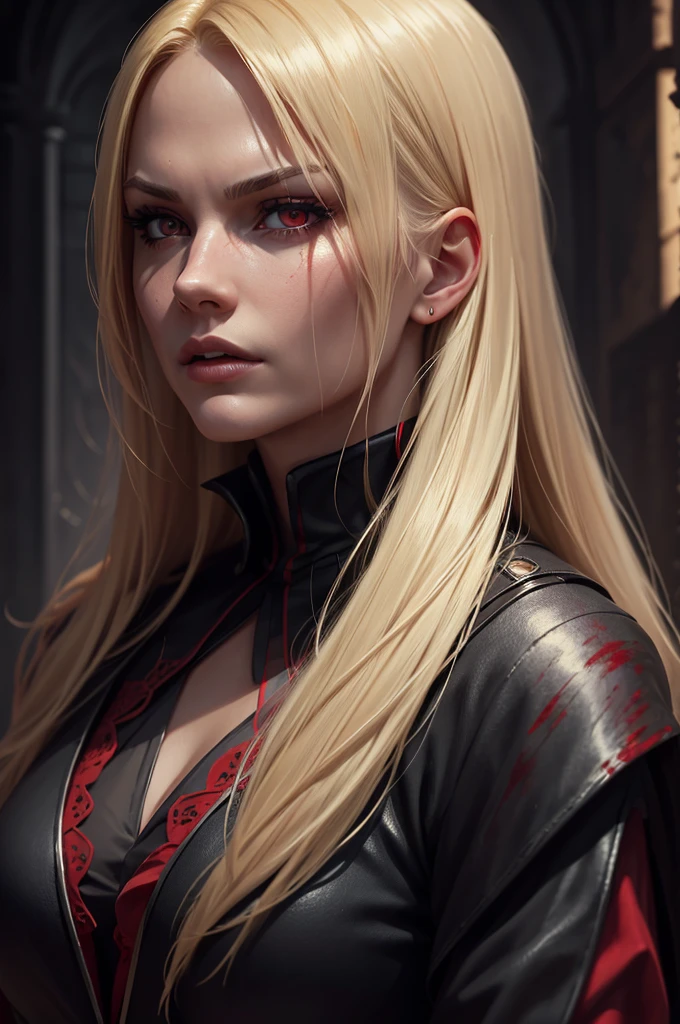 a blonde haired woman in a dark assassin outfit, black and blood red clothes, assassin pose, detailed facial features, detailed eyes, detailed lips, intricate details, dark and moody atmosphere, cinematic lighting, dramatic lighting, chiaroscuro lighting, dramatic shadows, dark and gritty, highly detailed, 8k, photorealistic, masterpiece, digital art