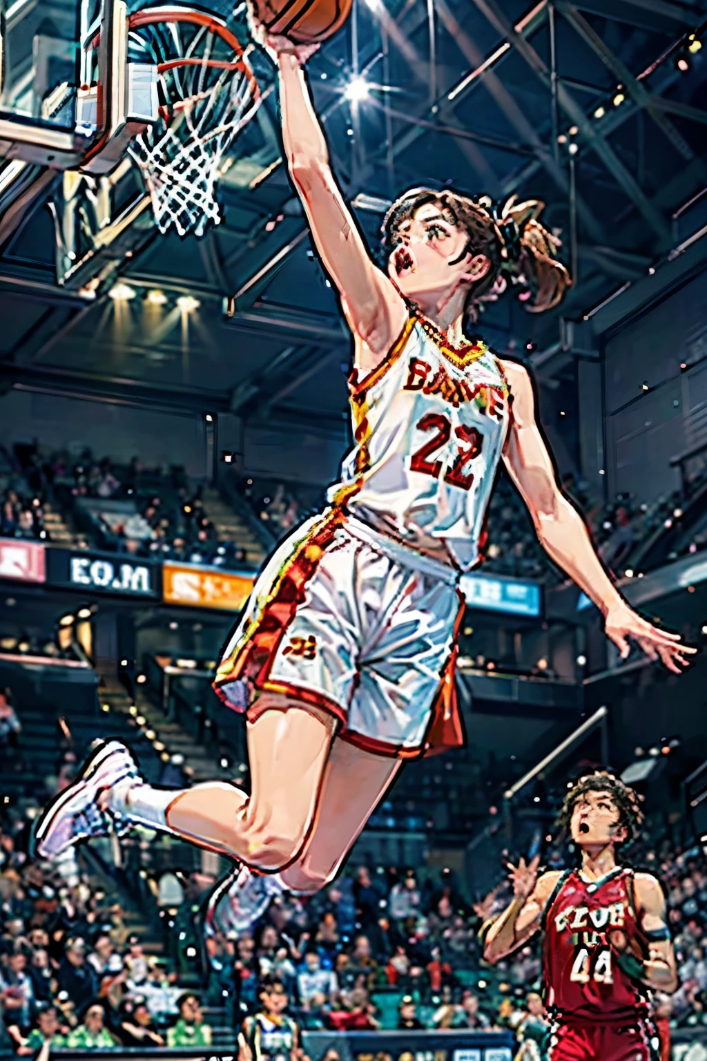 ((女子バスケットball選手))、(The moment the slam dunk is decided:1.4)、(Dunk Shot:1.4)、(Jumping Chute:1.4)、(Goal Post、ball)、Young and beautiful girl、美しい顔のdetailedな描写、Close-up、Motion Blur、Dynamic Angle、stadium lighting、Blur the background、8Kdetailed、(detailed、masterpiece、Highest quality)、