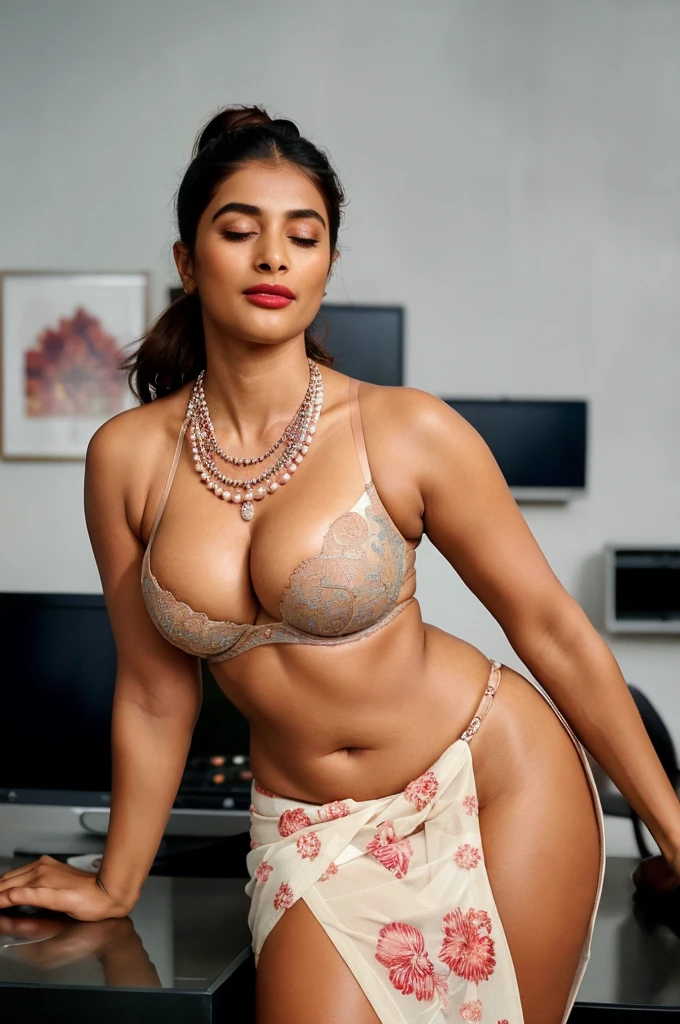 close up photo of naked pooja hegde masturbating pussy in office, chin up and self pleasure in pain, open mouth wide, laugh, curvy, hourglass figure, swooping breasts, closed eyes, standing with wide open spread legs, necklace, blue floral lace bra and saree, red lips, sultry, ponytail, (cinematic:1.3)