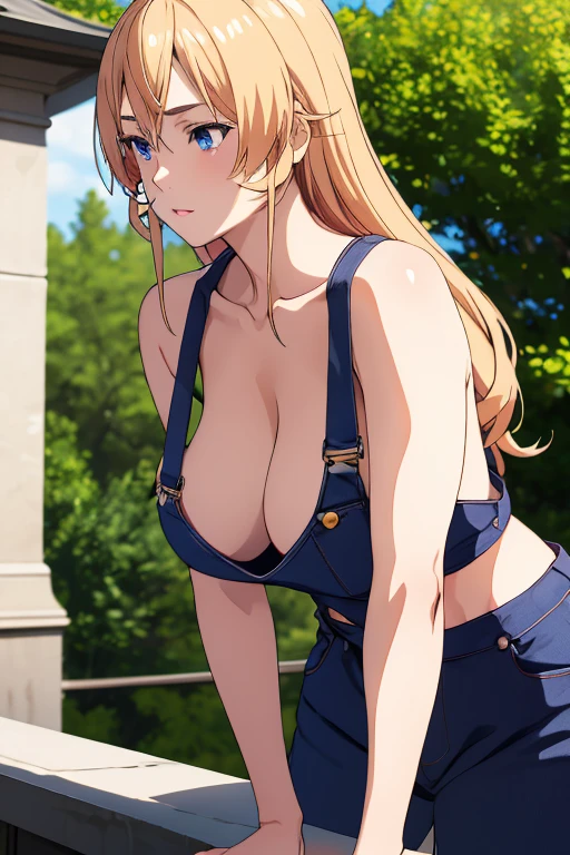 1girl,18yo,perfect hands, perfect finger,perfect anatomy, masterpiece, best quality,realistic, hyperrealistic, 16k hdr, Erina Nakiri, long hair, blond hair, blue eyes, (overalls:1.1),outdoor,standing, large breasts, (upper body), (leaning forward,),