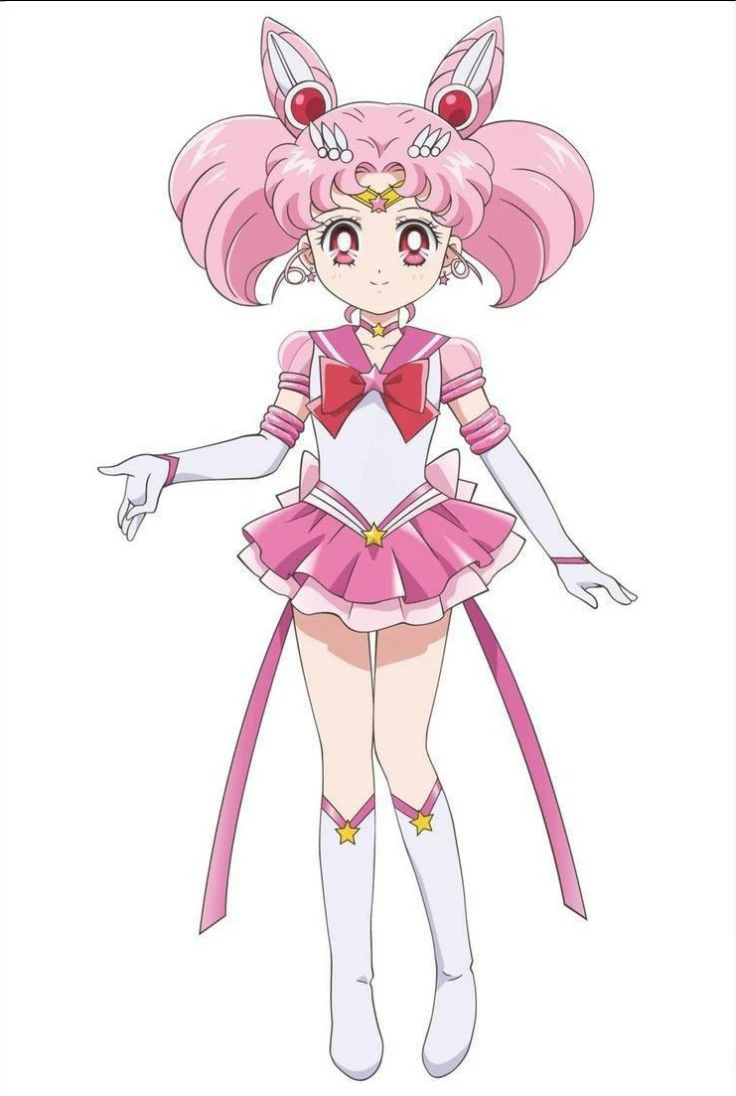 Sailor chibimoon pink hair and two pony tail, white shirt, pink skirt, pink boot, red eyes, white glowes