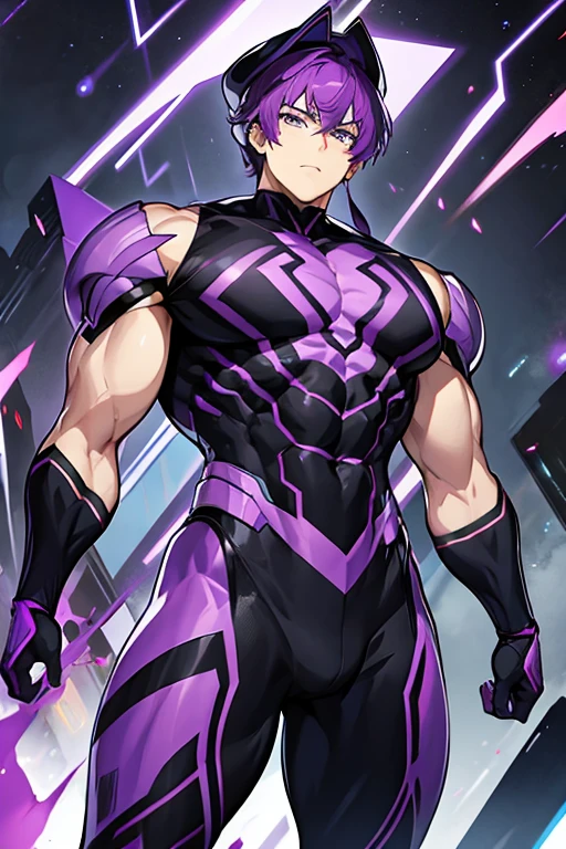 muscular robot man, PURPLE HAIR, black cap, purple eyes, gay