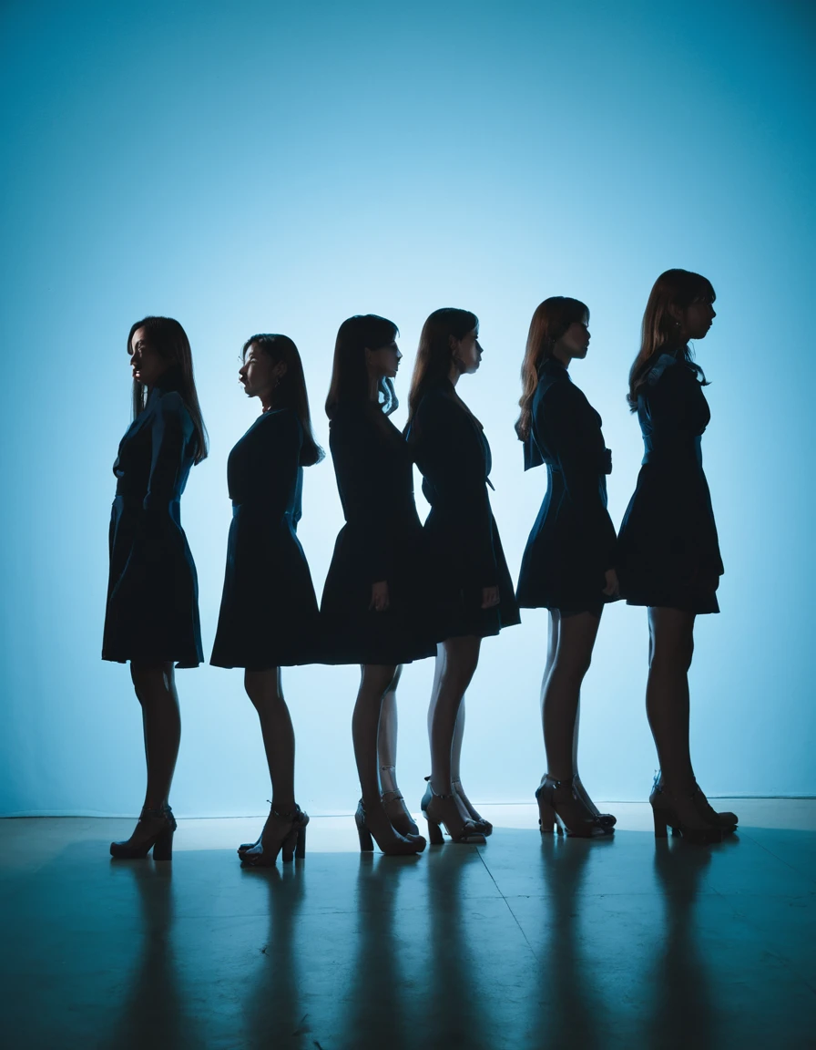 薄tenebrosa部屋に佇むFive women, boundless, generic, silhuette, , boundless, luz de fundo cerulean, tenebrosa、, cerulean, searchlight、A long shadow stretching behind、Five women、hearing、Remaining evenly spaced, rear facing, kpop idols
