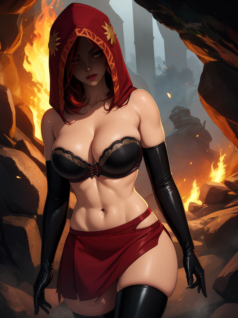 Dsorceress, redhair, shadowy face,dark cave, fire, hood, shadowed face, strapless bra, slim and athletic body, miniskirt, no panty, elbow gloves, dark skin, 1 girl (insanely detailed, masterpiece, best quality)
