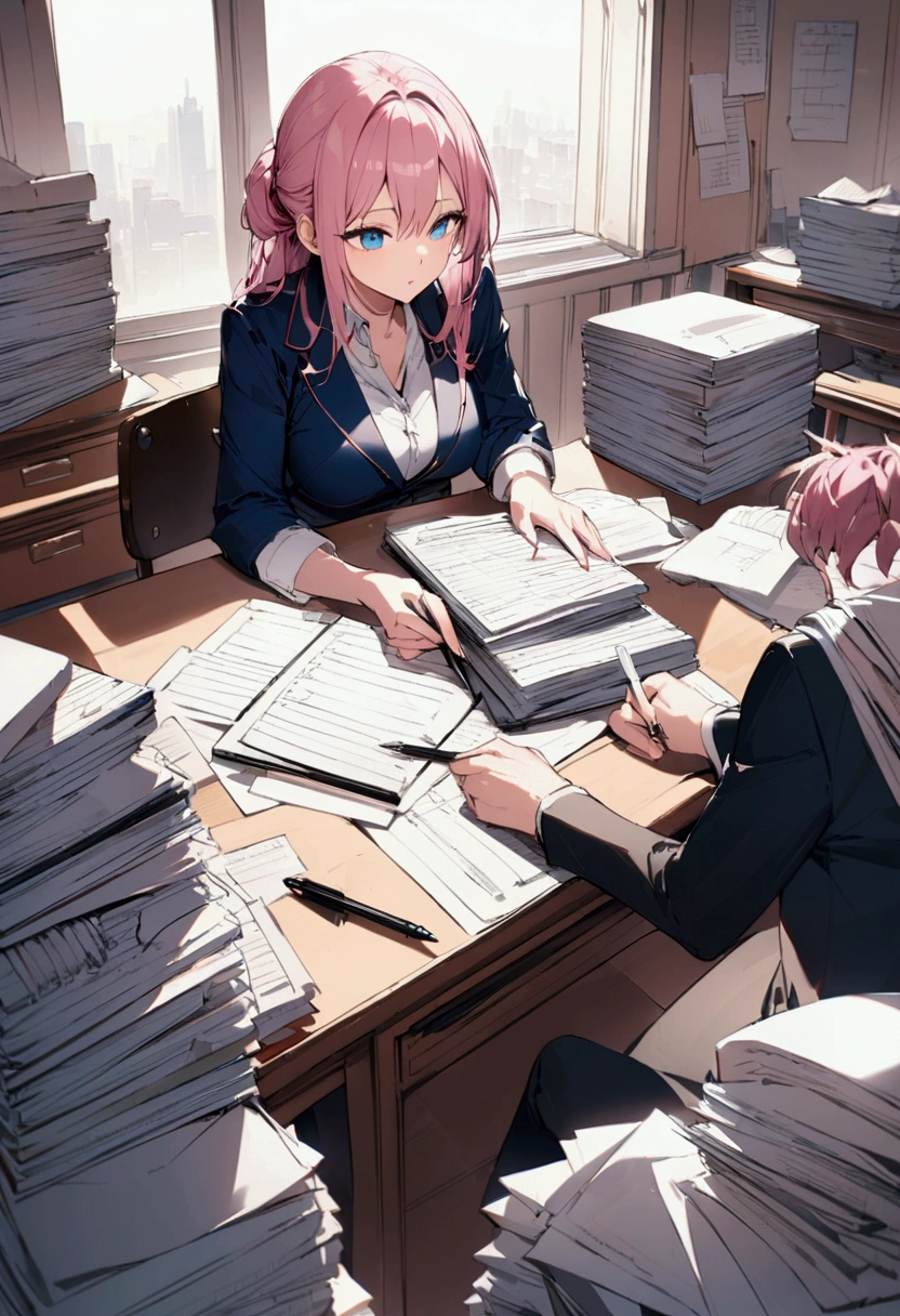 Sitting in front of a desk、Write notes with a pen、Write with great vigor、Pink haired woman、blue eyes、Pile of documents