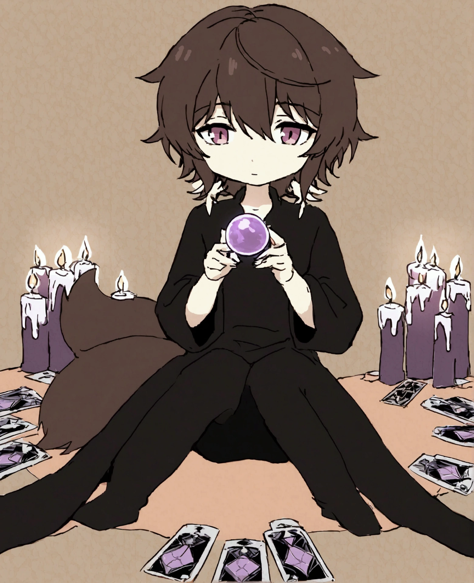 a sexy looking boy with fluffy brown hair and dark maroon red eyes, in a gypsy tent, reading a crystal ball and surrounded by tarot cards, surrounded by candles, mystical, showing legs, sitting on cloth laden stool, has a table in front of her, has a fox tail, purple ornate hanging drapery, holding a shining crystal ball, surrounded by tarot cards