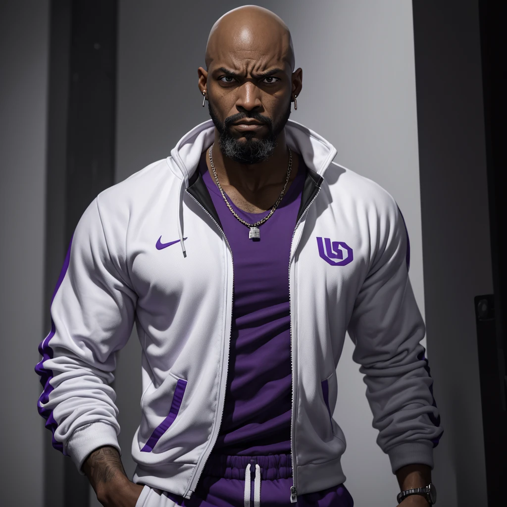 The character stands in full height, arms at his sides, African American, man, bald, angry, wild, blind left eye, broken nose, bearded, earring in his ear, looking menacingly at the camera, in a white and purple tracksuit, contrasting white background, cinematic lighting, digital painting, dramatic, noir style