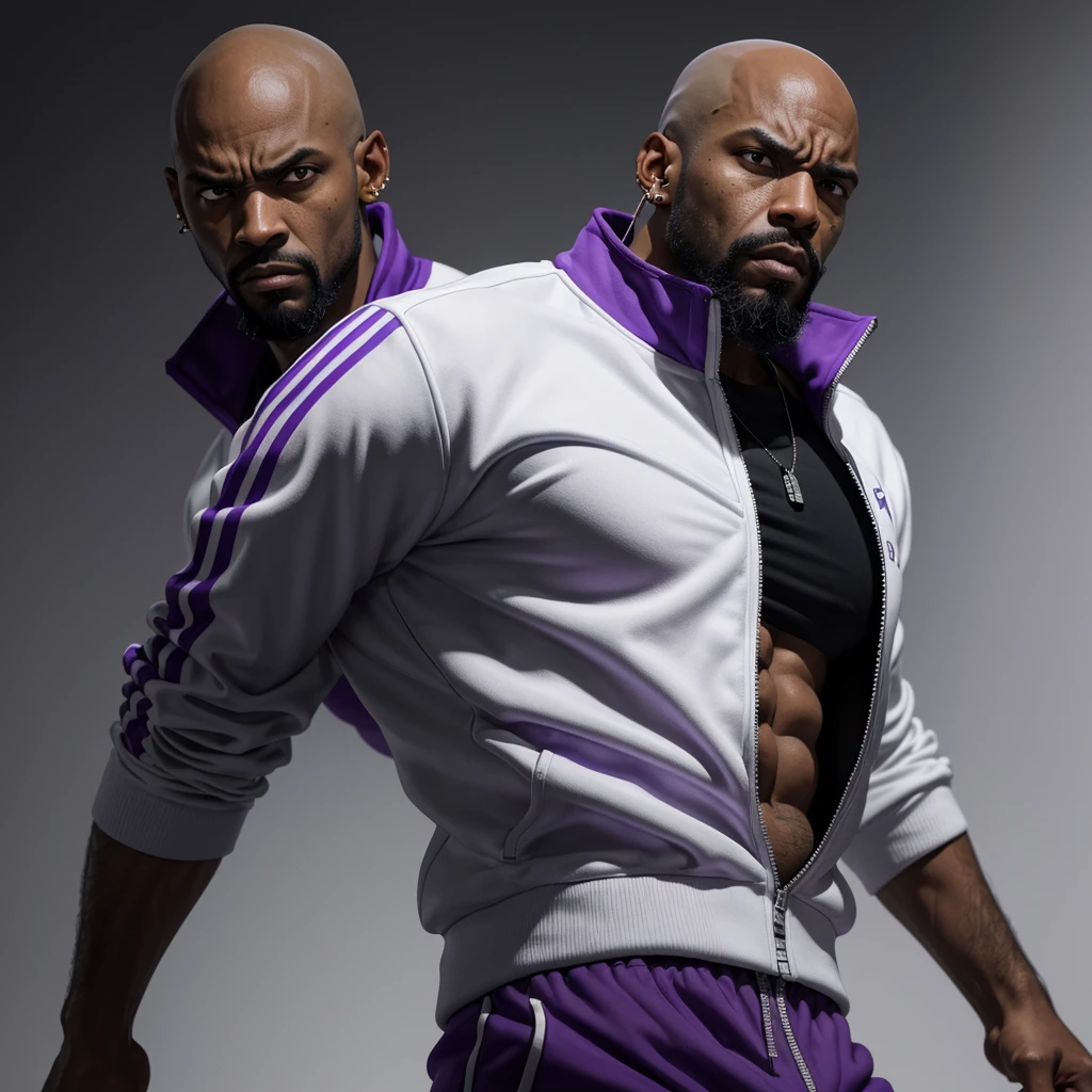 The character stands in full height, arms at his sides, African American, man, bald, angry, wild, blind left eye, broken nose, bearded, earring in his ear, looking menacingly at the camera, in a white and purple tracksuit, contrasting white background, cinematic lighting, digital painting, dramatic, noir style