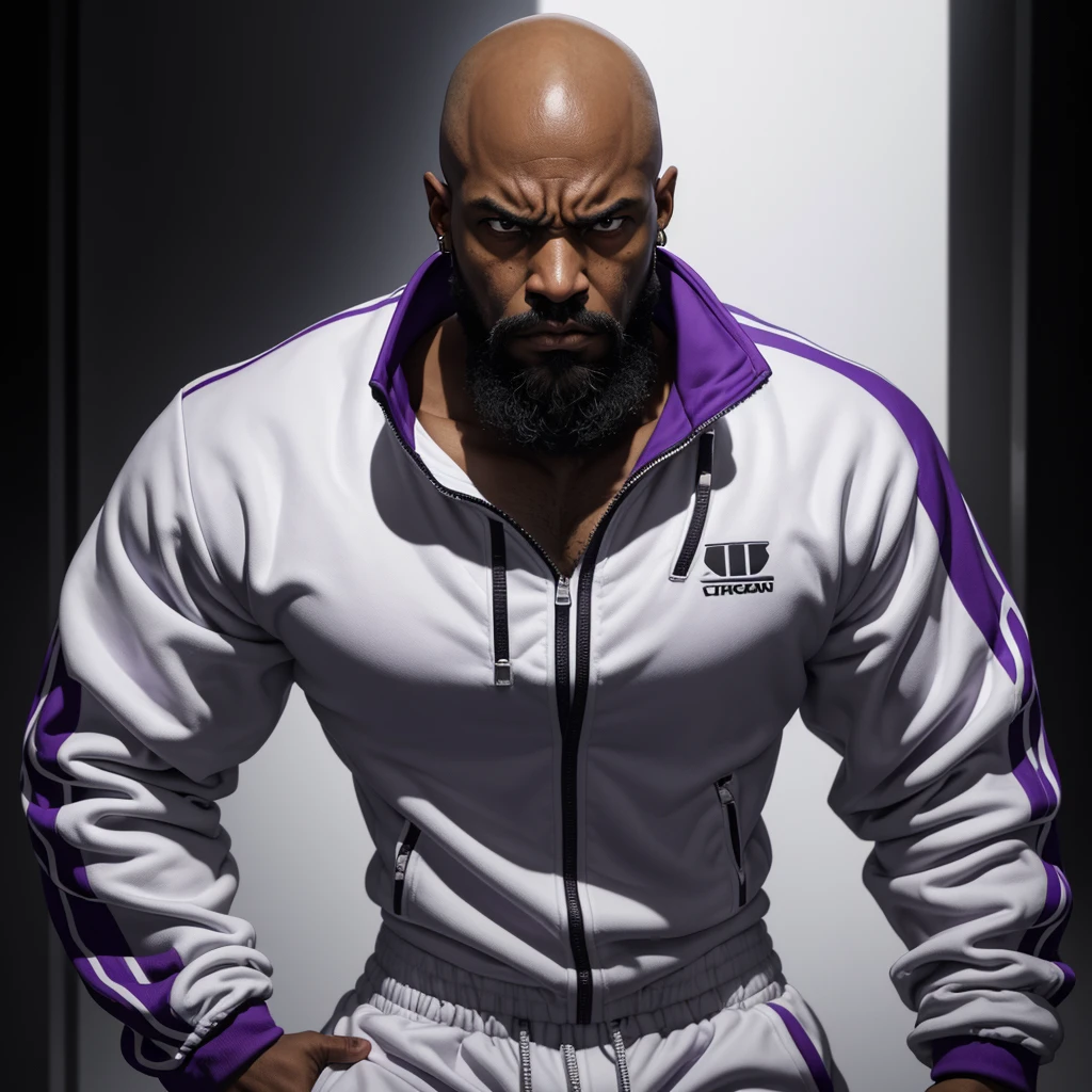 The character stands in full height, arms at his sides, African American, man, bald, angry, wild, blind left eye, broken nose, bearded, earring in his ear, looking menacingly at the camera, in a white and purple tracksuit, contrasting white background, cinematic lighting, digital painting, dramatic, noir style