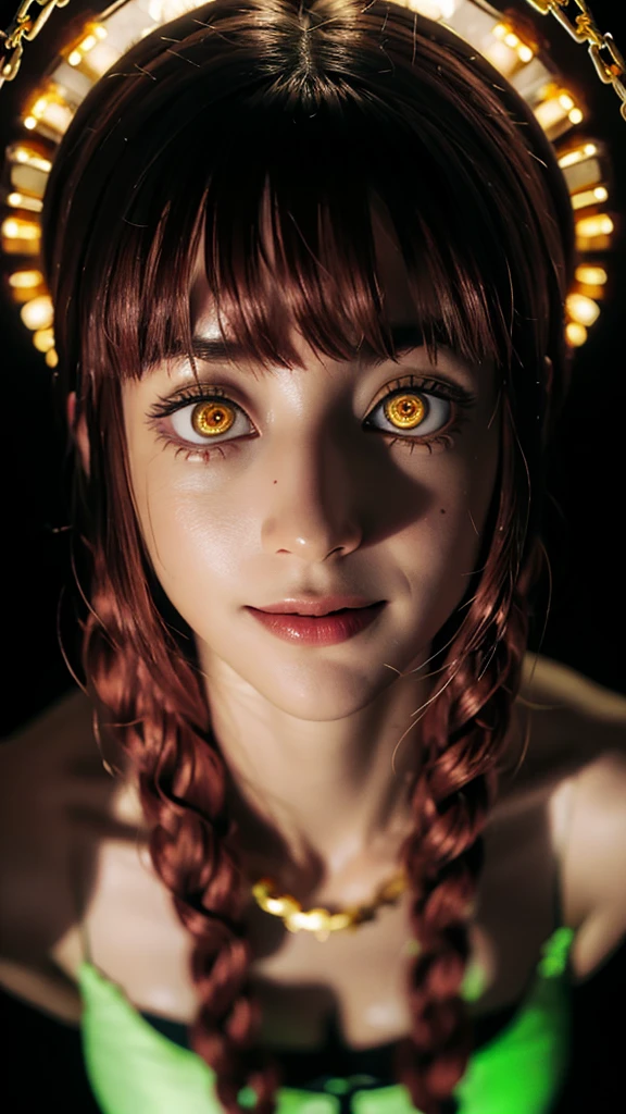 master part, best quality, portraite, (standing alone), Makima \ (chain saw man \), (20 year, mature face, fresh and beautiful), Standing, (redhead), (bright glowing eyes: 1.4), (gold eyes: 1.3), bangss, medium, transparent bikini, tie, gazing, (disgust, sorrido), (Evil: 1.2), gazing para o espectador, (narrowed eyes), High definition, (gazing para o espectador: 1.15), darkness background, background blur,