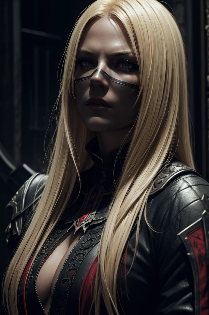 a blonde haired woman in a dark assassin outfit, nice body, killing someone, black and blood red clothes, assassin pose, detailed facial features, detailed eyes, detailed lips, intricate details, dark and moody atmosphere, cinematic lighting, dramatic lighting, chiaroscuro lighting, dramatic shadows, dark and gritty, highly detailed, 8k, photorealistic, masterpiece, digital art