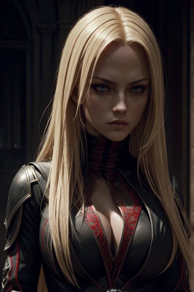 a blonde haired woman in a dark assassin outfit, nice body, killing someone, black and blood red clothes, assassin pose, detailed facial features, detailed eyes, detailed lips, intricate details, dark and moody atmosphere, cinematic lighting, dramatic lighting, chiaroscuro lighting, dramatic shadows, dark and gritty, highly detailed, 8k, photorealistic, masterpiece, digital art