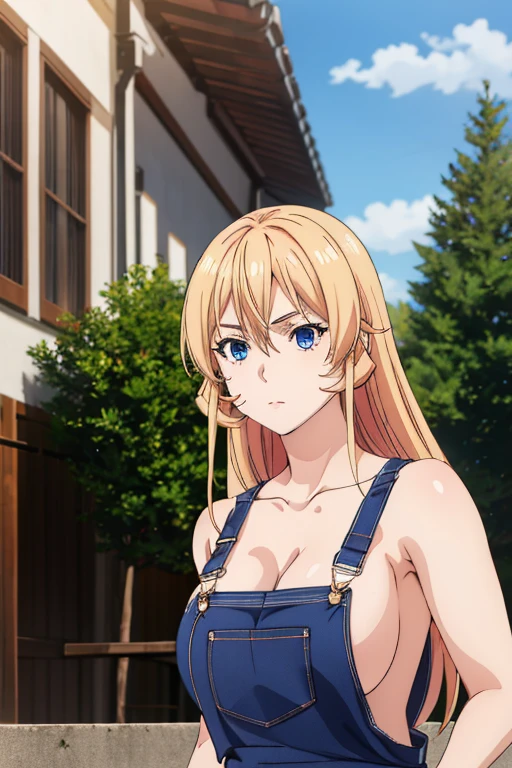 1girl,18yo,perfect hands, perfect finger,perfect anatomy, masterpiece, best quality,realistic, hyperrealistic, 16k hdr, Erina Nakiri, long hair, blond hair, blue eyes, (overalls:1.1),outdoor,standing, large breasts, (upper body:1.5), (leaning forward,),