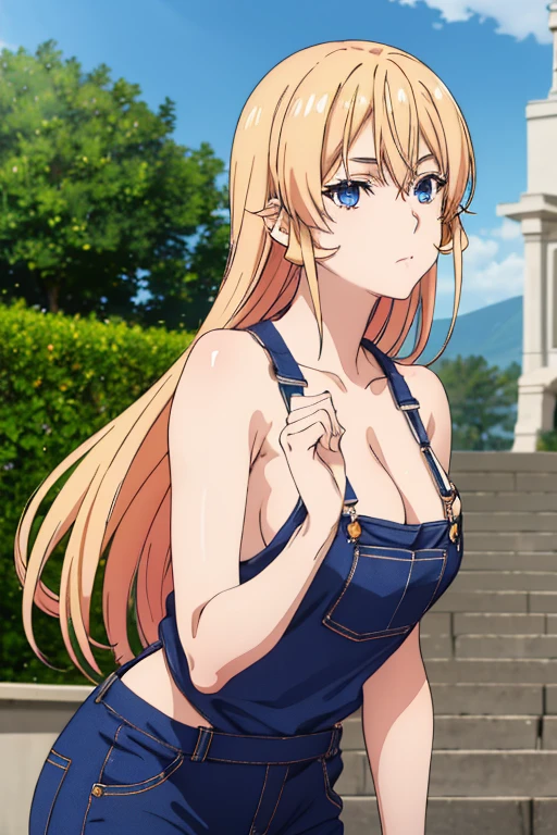 1girl,18yo,perfect hands, perfect finger,perfect anatomy, masterpiece, best quality,realistic, hyperrealistic, 16k hdr, Erina Nakiri, long hair, blond hair, blue eyes, (overalls:1.1),outdoor,standing, large breasts, (upper body:1.5), (leaning forward,),