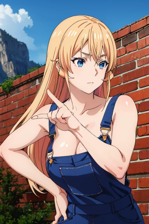 1girl,18yo,perfect hands, perfect finger,perfect anatomy, masterpiece, best quality,realistic, hyperrealistic, 16k hdr, Erina Nakiri, long hair, blond hair, blue eyes, (overalls:1.1),outdoor,standing, large breasts, (upper body:1.5), (leaning forward,),