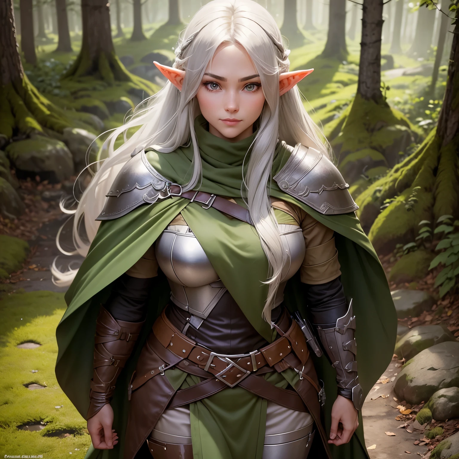 A female Elf Ranger. Born from the forest. Leather armor that blends in with the underbody and cape to become invisible. Long Light Gray Hair with Chunky Design. Super detailed eyes .shy smile.His gaze would be intense and serious. Full-body image .ready for action at any time.