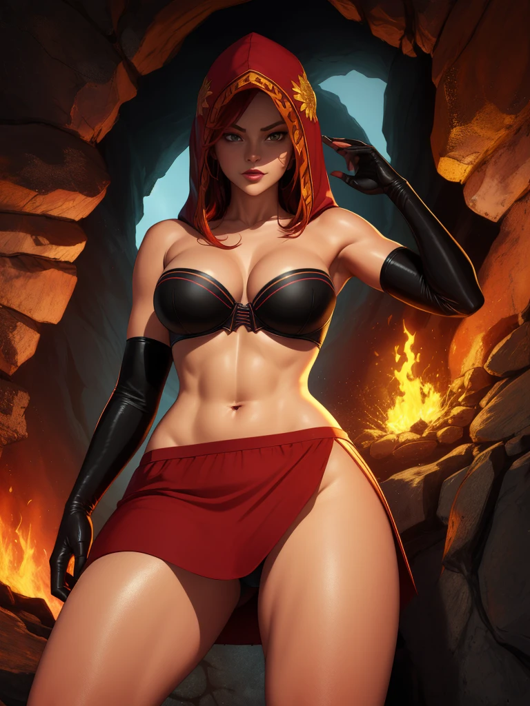 Dsorceress, redhair, shadowy face,dark cave, fire, hood, shadowed face, strapless bra, slim and athletic body, miniskirt, no panty, elbow gloves, dark skin, 1 girl (insanely detailed, masterpiece, best quality)