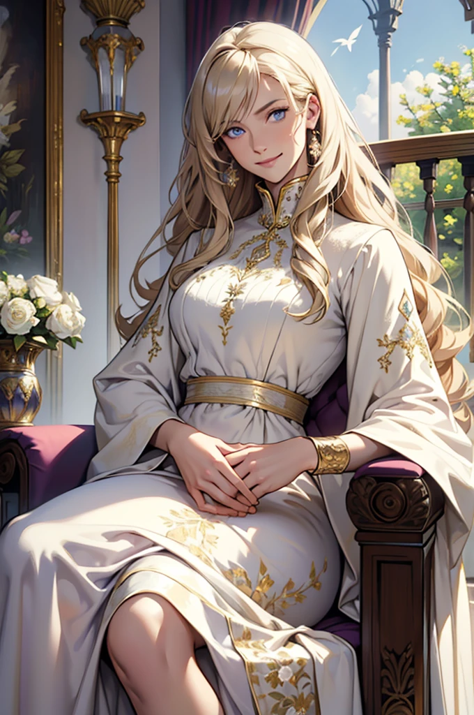 35 year old woman, with defined facial features, shy smile, clear skin, long curly hair, pale gold color, blue eyes, wearing a medieval purple nobility dress, sitting in a brown armchair, with hands in lap (detailed hands) straight legs, classic painting, large window in the background, flowery balcony, White flowers