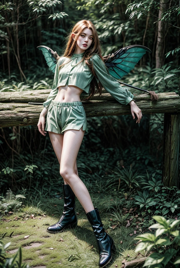 Best Picture Quality, Masterpiece Level, Ultra High Resolution, Realism, Fantasy, fulllength, A Girl, Single, Scatter, wood elf, in forest, midriff, crop top, thighs, ginger hair, green eyes, butterfly wings, perfect face, perfect body, wings, perfect breasts, green outfit, high heeled boots