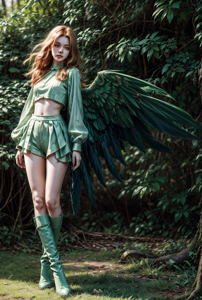 Best Picture Quality, Masterpiece Level, Ultra High Resolution, Realism, Fantasy, fulllength, A Girl, Single, Scatter, wood elf, in forest, midriff, crop top, thighs, ginger hair, green eyes, butterfly wings, perfect face, perfect body, wings, perfect breasts, green outfit, high heeled boots
