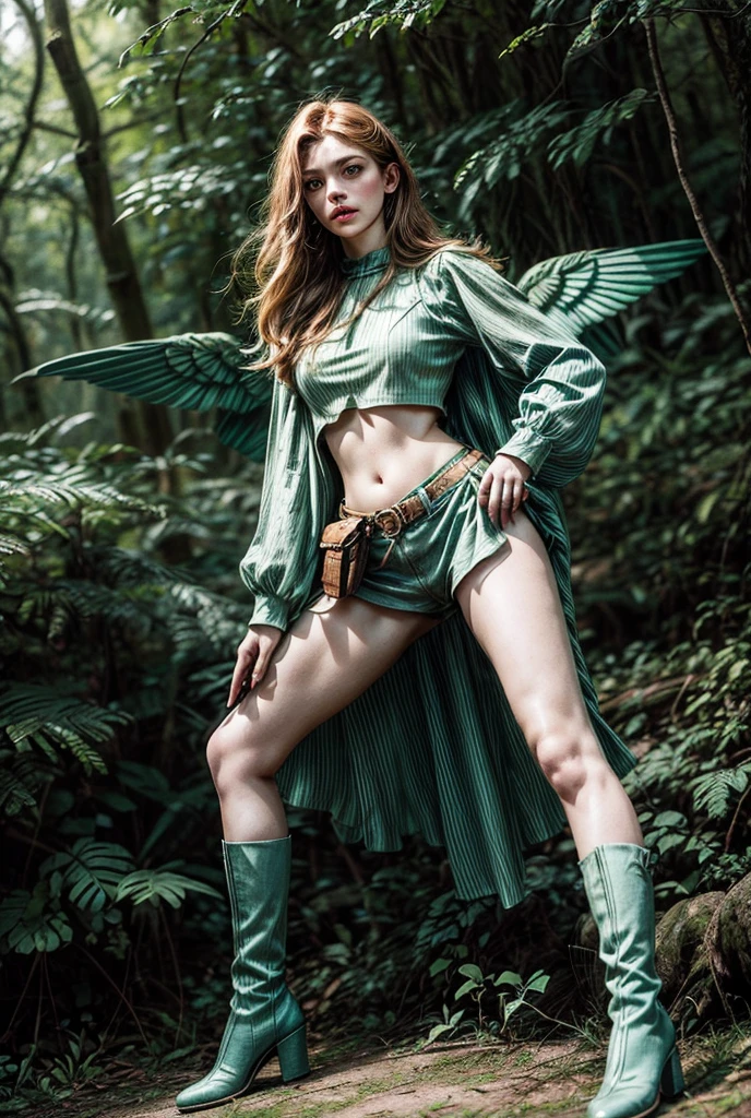Best Picture Quality, Masterpiece Level, Ultra High Resolution, Realism, Fantasy, fulllength, A Girl, Single, Scatter, wood elf, in forest, midriff, crop top, thighs, ginger hair, green eyes, butterfly wings, perfect face, perfect body, wings, perfect breasts, green outfit, high heeled boots