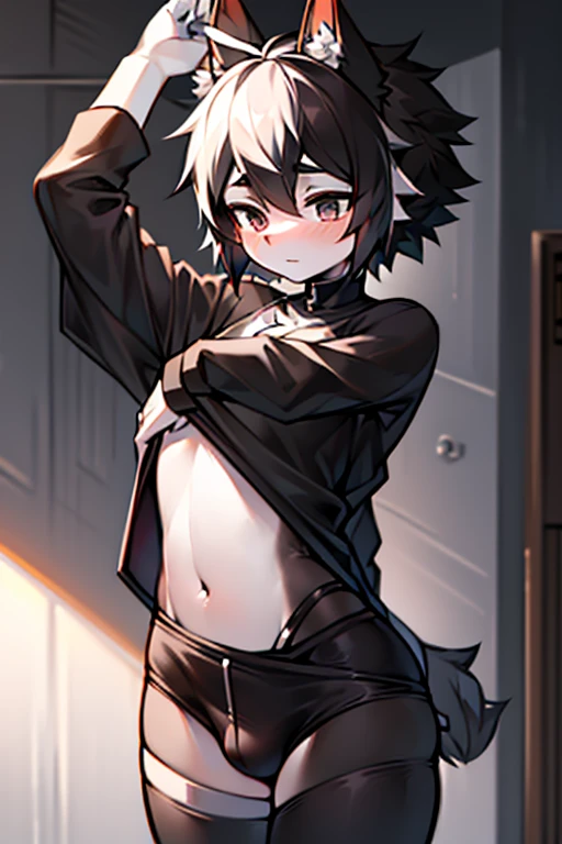 Make him look more like a femboy and remove his upper body clothing, make his hair black and white as well as his clothing, remove all clothing