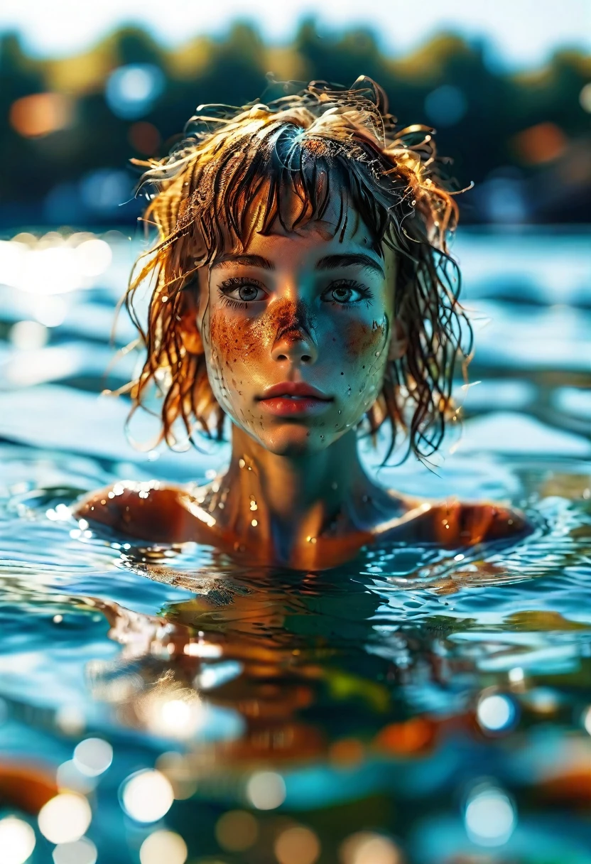 Ultra realistic photography, ultra detailed 8k, sharp photography, wide angle, full body, small French ligh chesnut hair light-brown eyes teenager swimming in the sea, slender body, wet body, very detailed face