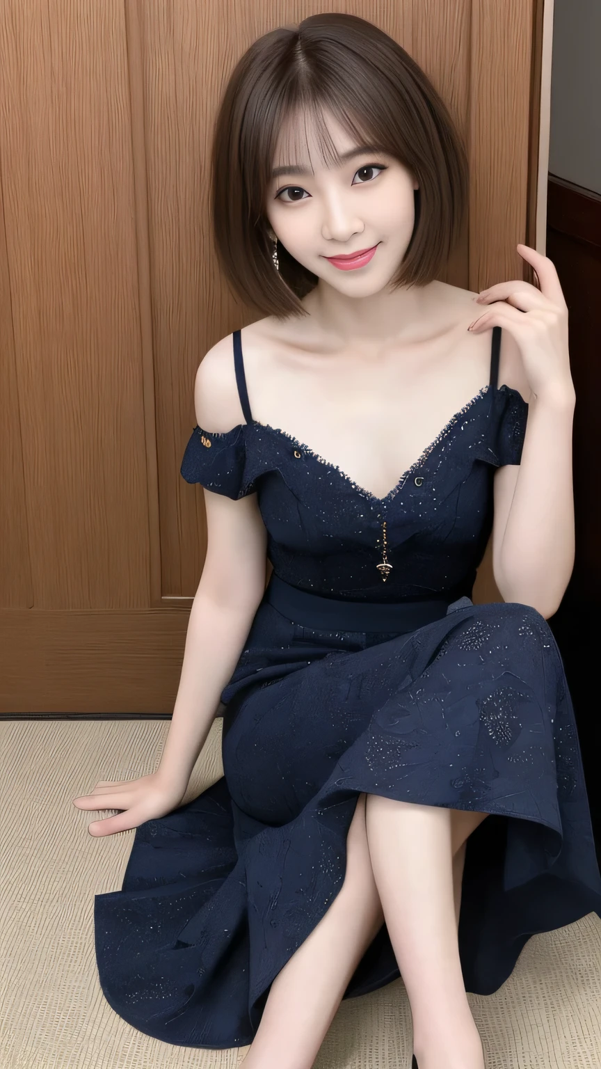 Beautiful 30 year old Japanese woman、Full body photo showing you from head to toe、One-length short bob cut、Dark brown eyes、Detailed Eyes、Detailed iris、Detailed face、Brown Hair Color、Beautiful Hair、Big smile (Facing the viewer)、Off-the-shoulder T-shirt、Long skirt、High heels makeup、Shooting in front of the door、Portrait、Exquisite details、Depth of written boundary、(Detailed face: 1.2)、(Detailed Eyes: 1.2)、(Detailed background)、(Gradation)、Shiny skin、Sharp focus、8k、uhd、high quality、Exquisite details、Very detailed、Captivating silhouette、(Very beautiful face: 1.2)、Facing the viewer、Mature Woman、Mature Woman、((Center image))、detailed、masterpiece、Full body photo、