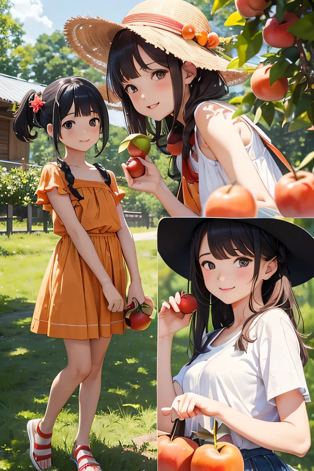 Highest quality、High resolution、Detailed Background、(Beautiful face in every detail:1.4)、Anatomically correct、(Normal number of fingers:1.2)、(Detailed facial expressions)、Teenage beauty、Highly detailed face、Light color hair、Braided Ponytail、Braided bob cut、cute hairstyle、cute gesture、Fun atmosphere、A big smile、smile、Refreshing atmosphere、apple、mandarin orange、peach、
(Girls enjoying fruit picking:1.5)、
On top of a hill with a blue sky、wood々The sunlight shines through、I found some ripe red fruit.、
Holding hands with friends、Climbing from a high branch、Picking sweet-smelling grapes、
A fun time filled with smileemories that remain in my heart、
Now, what color fruit will be next?、Can you find it?、Let's all gather together and eat、
Summer memories: Fruit picking、Running around under the blue sky、apple、mandarin orange、Collected peaches、
I had a great time、A memorable summer day、
A cute T-shirt with fruit prints and colorful colors.、
A flared dress made of lightweight material、Comfortable denim or cotton shorts、
Flared skirts, culottes, etc.、Comfortable flat or sports sandals、Lightweight and breathable sneakers、Caps and hats that are easy to crush、
The color is red, reminiscent of fruit.、yellow、orange、Green etc. gives a lovely impression、cute