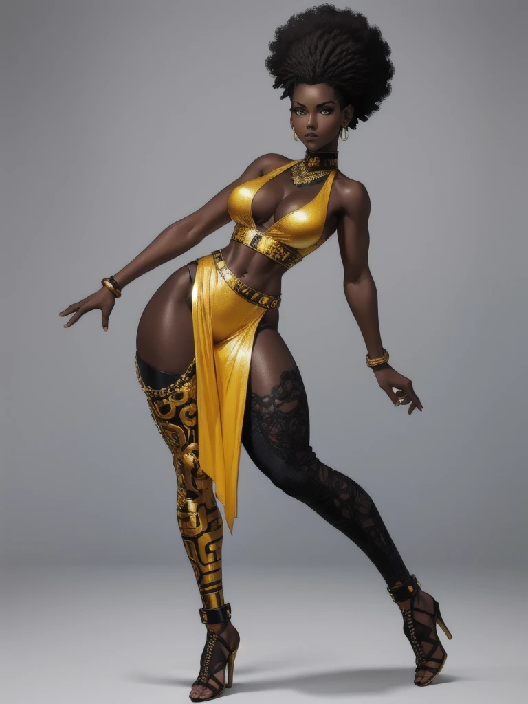 ((best quality)), ((4k)), ((highres)), ((masterpiece:1.2)). ((detailed)), ((ultra realistic)), ((intricate details)), ((full body picture)), ((solo character)), a full body picture of a beautifull Ebony skinned female, black woman, dark skin, perfect face, detailed eyes, detailed lips, about 25 years old, about 5'5 ft. tall, punk black woman, punk style, side shaved hair ((emphasis on her side shaved hair)), afro-punk hair style, ((emphasis on her afro-punk hair style)), muscular body, hourglass body type, dressed in a golden top ((emphasis on her gold tank top)), and black leather pants, high heels, fighting game character concept art, tekken character design, the king of fighters character concept, full bofy, full body concept art, full body art
