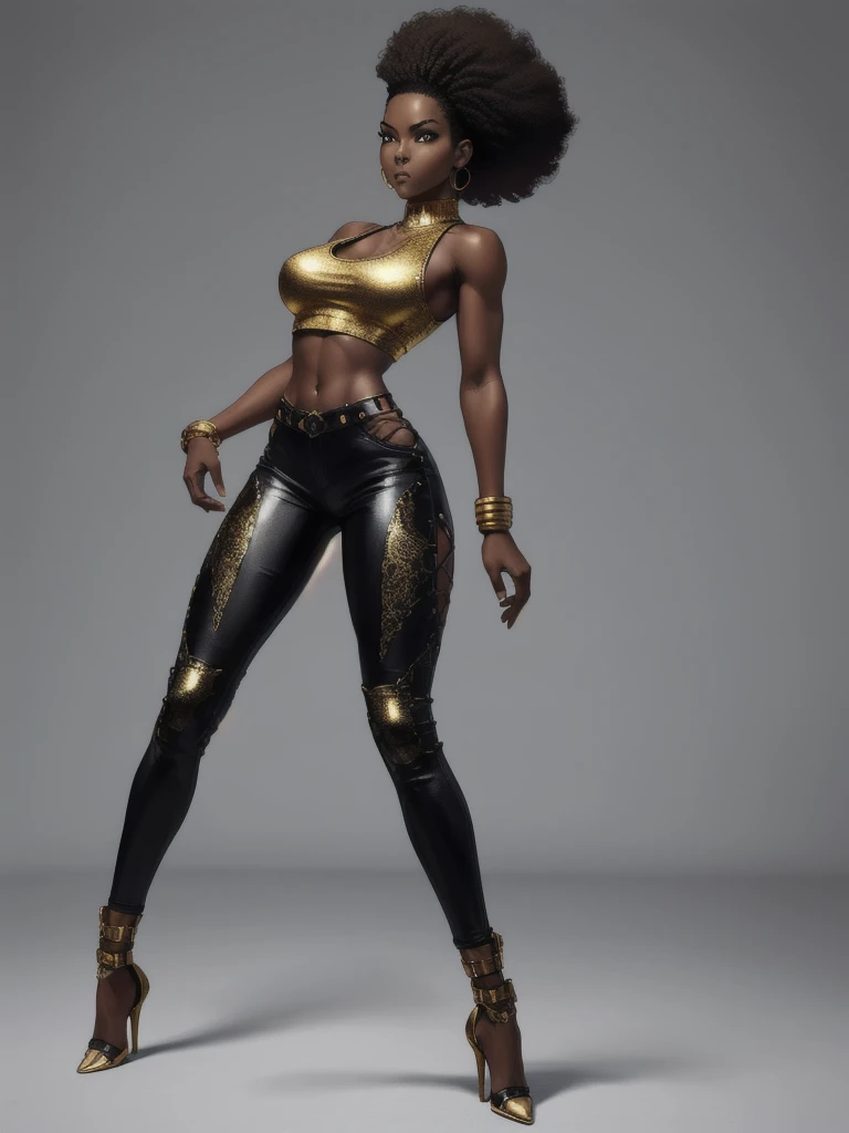 ((best quality)), ((4k)), ((highres)), ((masterpiece:1.2)). ((detailed)), ((ultra realistic)), ((intricate details)), ((full body picture)), ((solo character)), a full body picture of a beautifull Ebony skinned female, black woman, dark skin, perfect face, detailed eyes, detailed lips, about 25 years old, about 5'5 ft. tall, punk black woman, punk style, side shaved hair ((emphasis on her side shaved hair)), afro-punk hair style, ((emphasis on her afro-punk hair style)), muscular body, hourglass body type, dressed in a golden top ((emphasis on her gold tank top)), and black leather pants, high heels, fighting game character concept art, tekken character design, the king of fighters character concept, full bofy, full body concept art, full body art