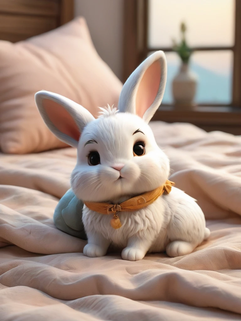 With the sunset in the background,(masterpiece:1.2, high quality), Two baby rabbits sleeping together in bed、