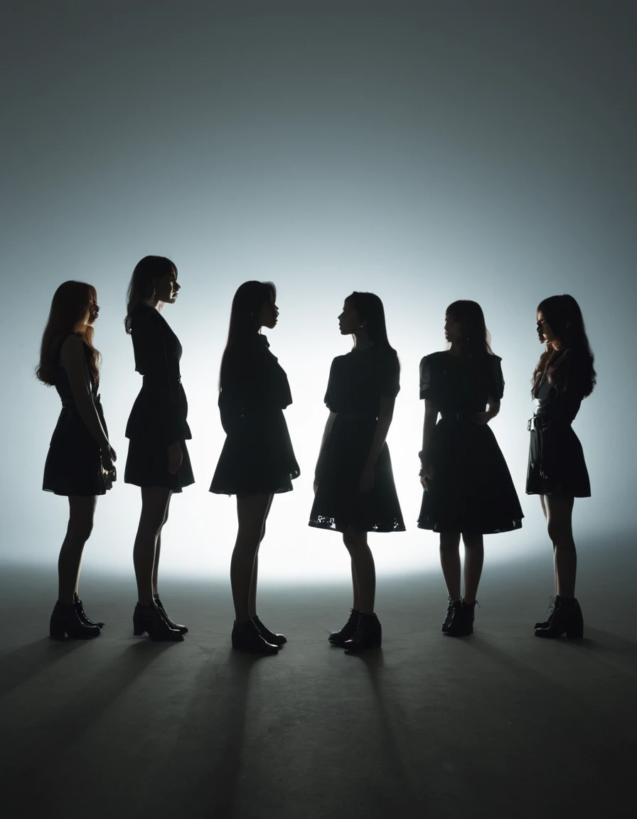 薄tenebrosa部屋に佇むFive women, boundless, generic, silhuette, , boundless, contra-luz, tenebrosa、searchlight、A long shadow stretching behind、Five women、hearing、Remaining evenly spaced, rear facing, kpop idols