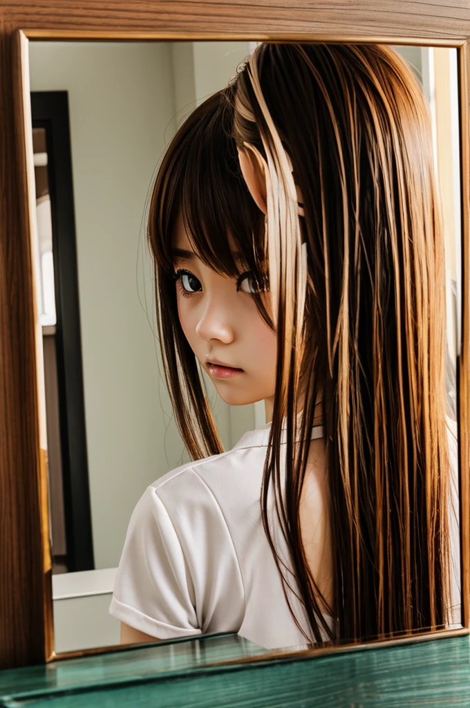Create an anime image,A girl saw her angry self in the mirror,Warm painting style,color。
