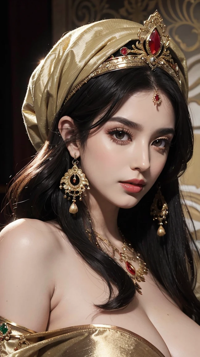 hot arabic mature queen,Her hair is long, dark, and lustrous, partially visible beneath the elegantly draped dupatta that adorns her head and shoulders, respecting her tradational heritage. The dupatta, a piece of fine, lightweight fabric, is richly embroidered with traditional palace motifs, incorporating colors like deep reds, vibrant greens, and golds, symbolizing the richness of her culture,voloptuous,slight fat,red lips,gigantic_breast,mature,sexy,beauty,perfect face,perfect eyes,hd makeup,shimmery makeup,