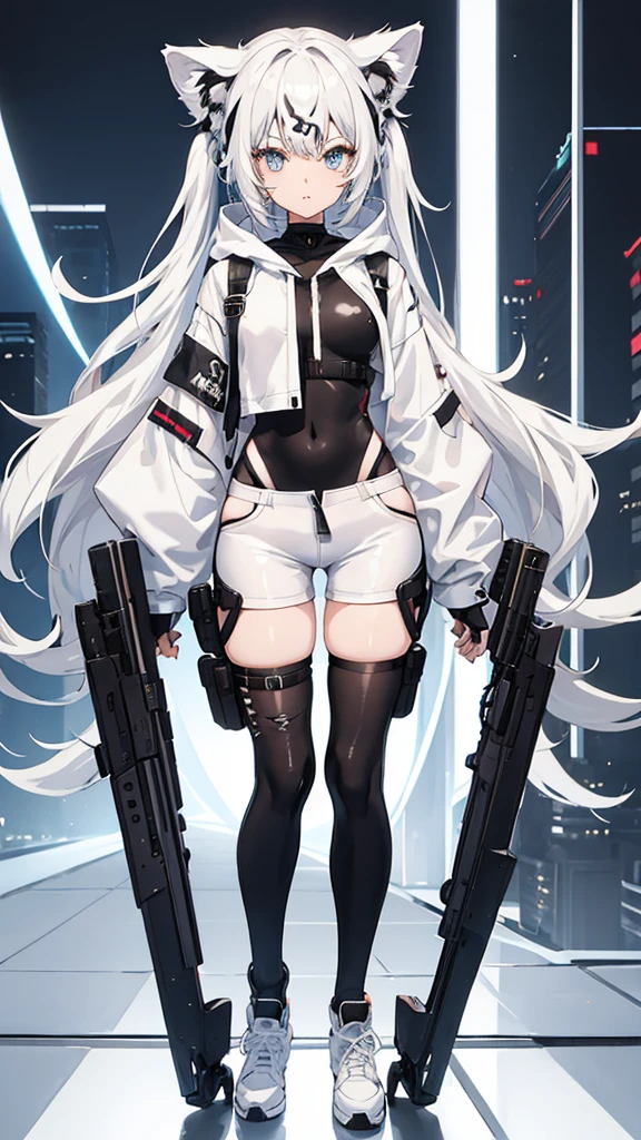 1girl, anime style, clouded leopard Demi-human, skinny body, Anime girl wearing a white hoodie, tactical bodysuit, black jeans, long silver hair, blue eyes color, detailed, 8k, high quality,