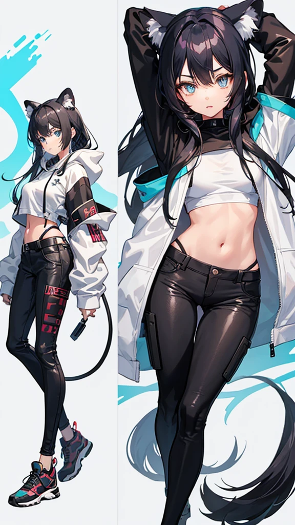1girl, anime style, clouded leopard Demi-human, skinny body, Anime girl wearing a white hoodie, tactical bodysuit, black jeans, long silver hair, blue eyes color, detailed, 8k, high quality, 