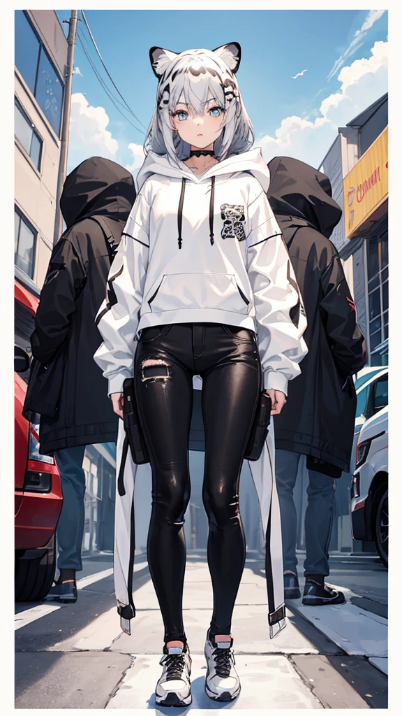1girl, anime style, clouded leopard Demi-human, skinny body, Anime girl wearing a white hoodie, tactical bodysuit, black jeans, long silver hair, blue eyes color, detailed, 8k, high quality, 