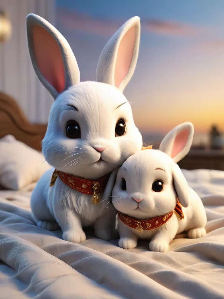 With the sunset in the background,(masterpiece:1.2, high quality), Two baby rabbits sleeping together in bed、