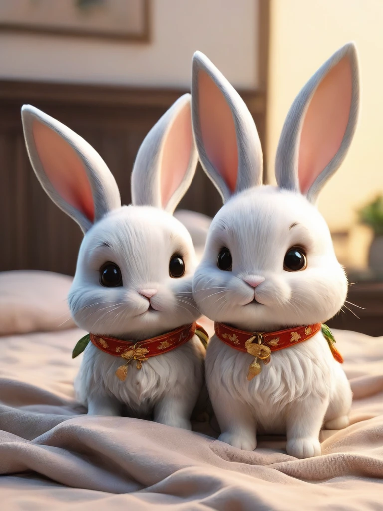With the sunset in the background,(masterpiece:1.2, high quality), Two baby rabbits sleeping together in bed、