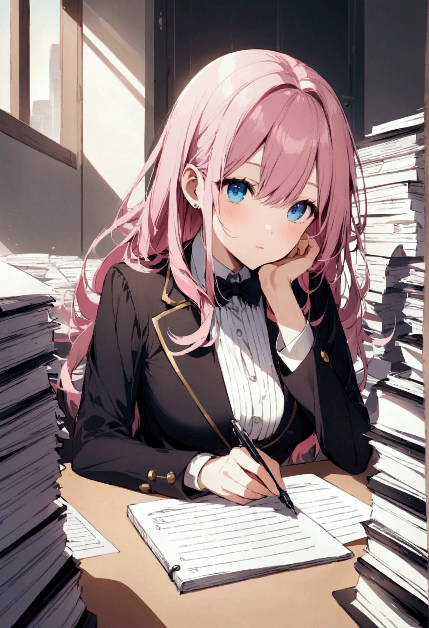Sitting in front of a desk、Write notes with a pen、Write with great vigor、Pink haired woman、blue eyes、Pile of documents