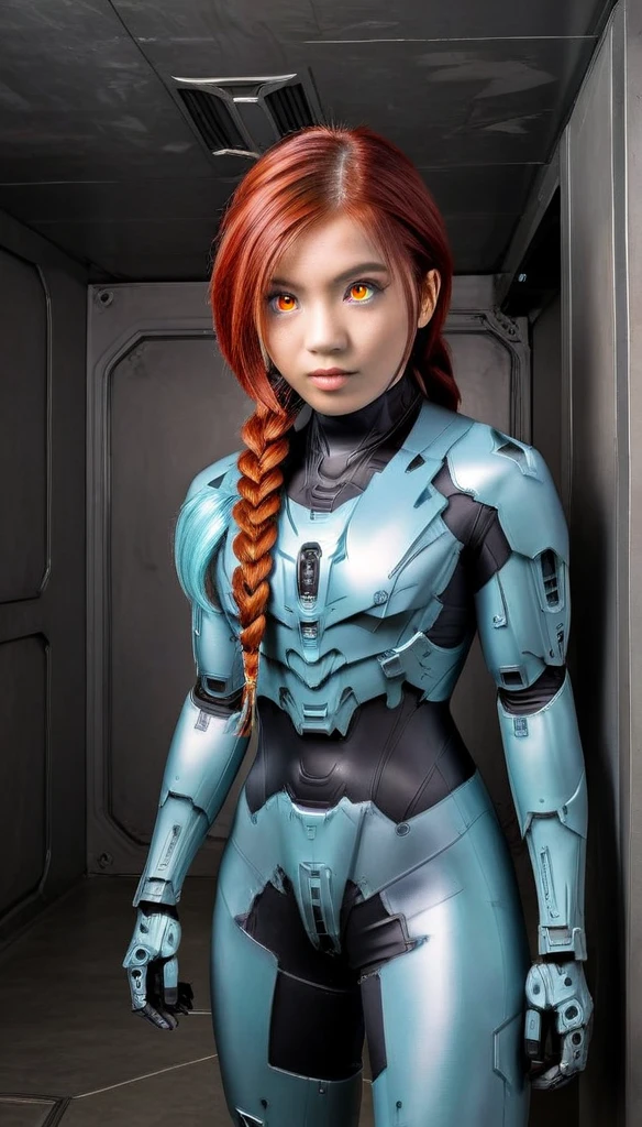 1 Girl、((glowing eyes, red eyes)), Medium Bust、solo、red Hair、Braid、Mobile Race Suit、Shoulder Armor、ceiling、Wide Shot、Looking Ahead、zipup suit 、Closed Mouth、Highest quality、medium quality、22 years old、Mobile Trace System、cockpit、Asian、CyborgCosplay

