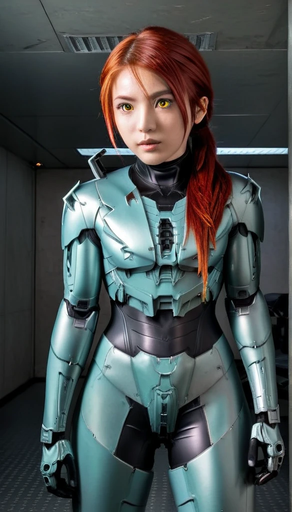 1 Girl、((glowing eyes, red eyes)), Medium Bust、solo、red Hair、Braid、Mobile Race Suit、Shoulder Armor、ceiling、Wide Shot、Looking Ahead、zipup suit 、Closed Mouth、Highest quality、medium quality、22 years old、Mobile Trace System、cockpit、Asian、CyborgCosplay

