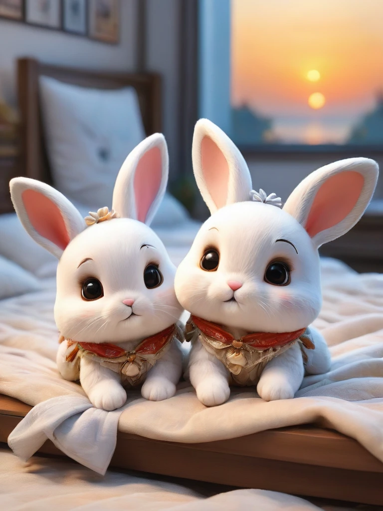 With the sunset in the background,(masterpiece:1.2, high quality), Two baby rabbits sleeping together in bed、
