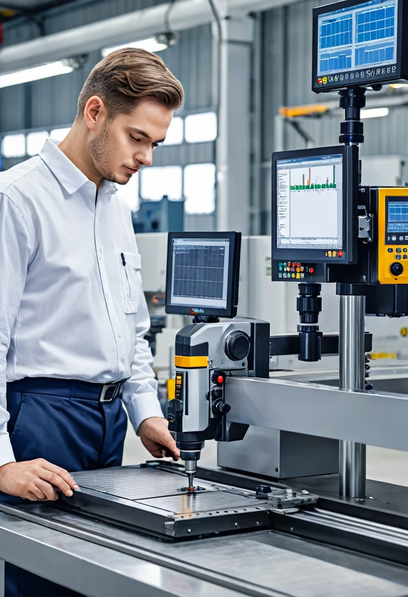 Create a picture of a modern factory where machine operators are working at different stations. Show high-tech industrial machines in operation, with digital control screens and control panels. Include a machine operator focused on adjusting the settings of a CNC (Computer Numerical Control) machine. In another part of the image, depict a quality control inspector examining a part with precise measuring tools, such as a micrometer or a digital caliper, on a well-lit, organized workbench. The environment should be clean and well-lit, highlighting the efficiency and precision of the manufacturing process.