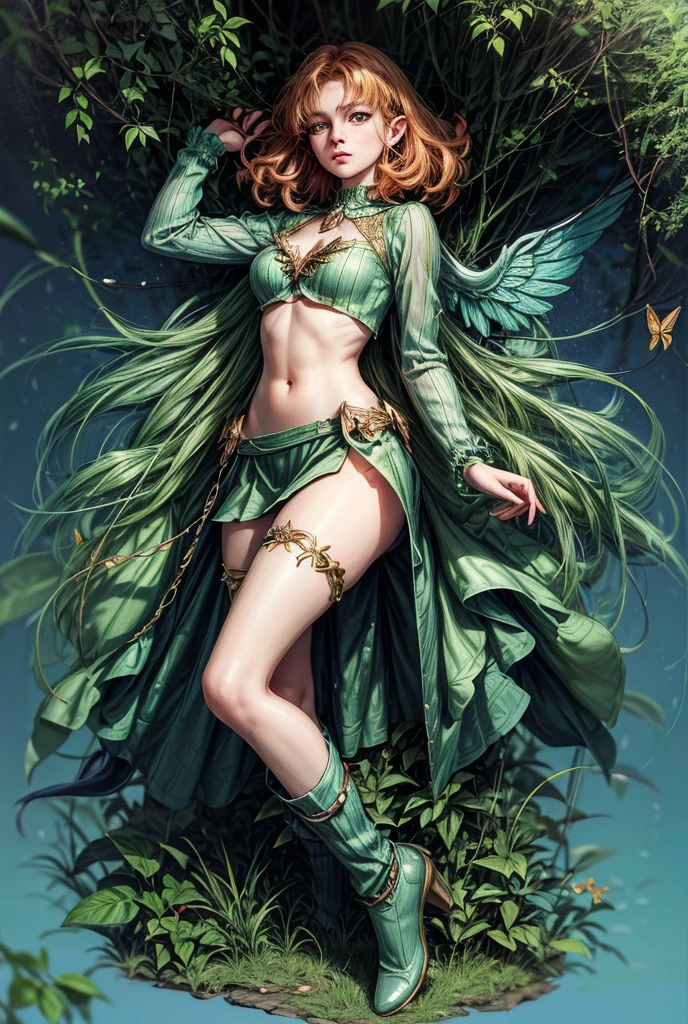 Best Picture Quality, Masterpiece Level, Ultra High Resolution, Realism, Fantasy, fulllength, A Girl, Single, Scatter, wood elf, in forest, midriff, crop top, thighs, ginger hair, green eyes, butterfly wings, perfect face, perfect body, wings, perfect breasts, green outfit, high heeled boots