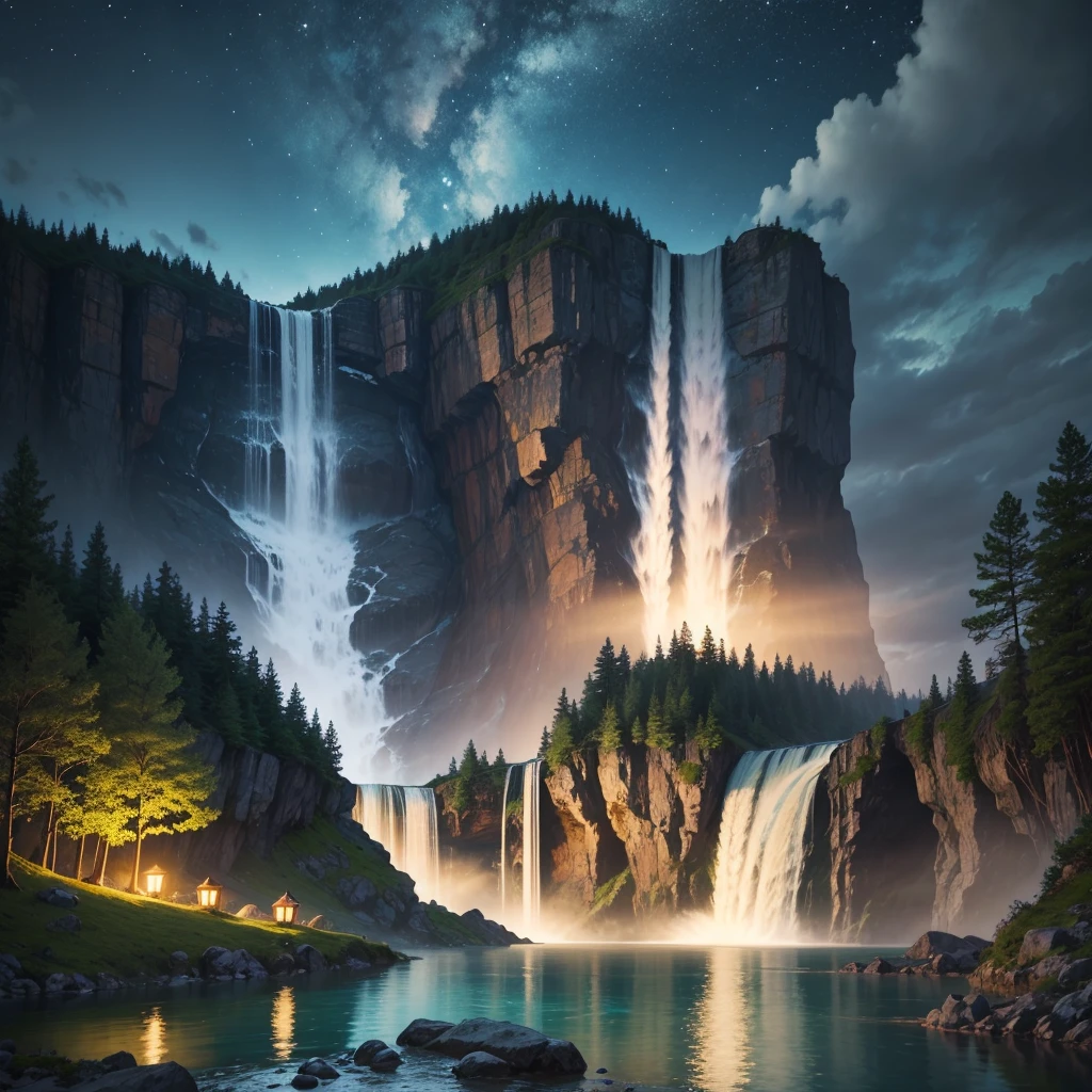lake with a waterfall, at night