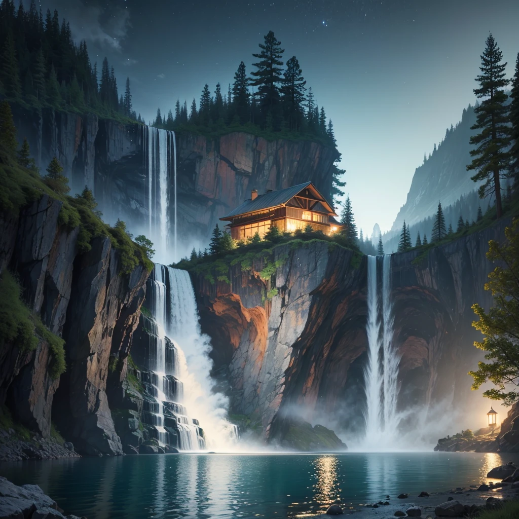 lake with a waterfall, at night