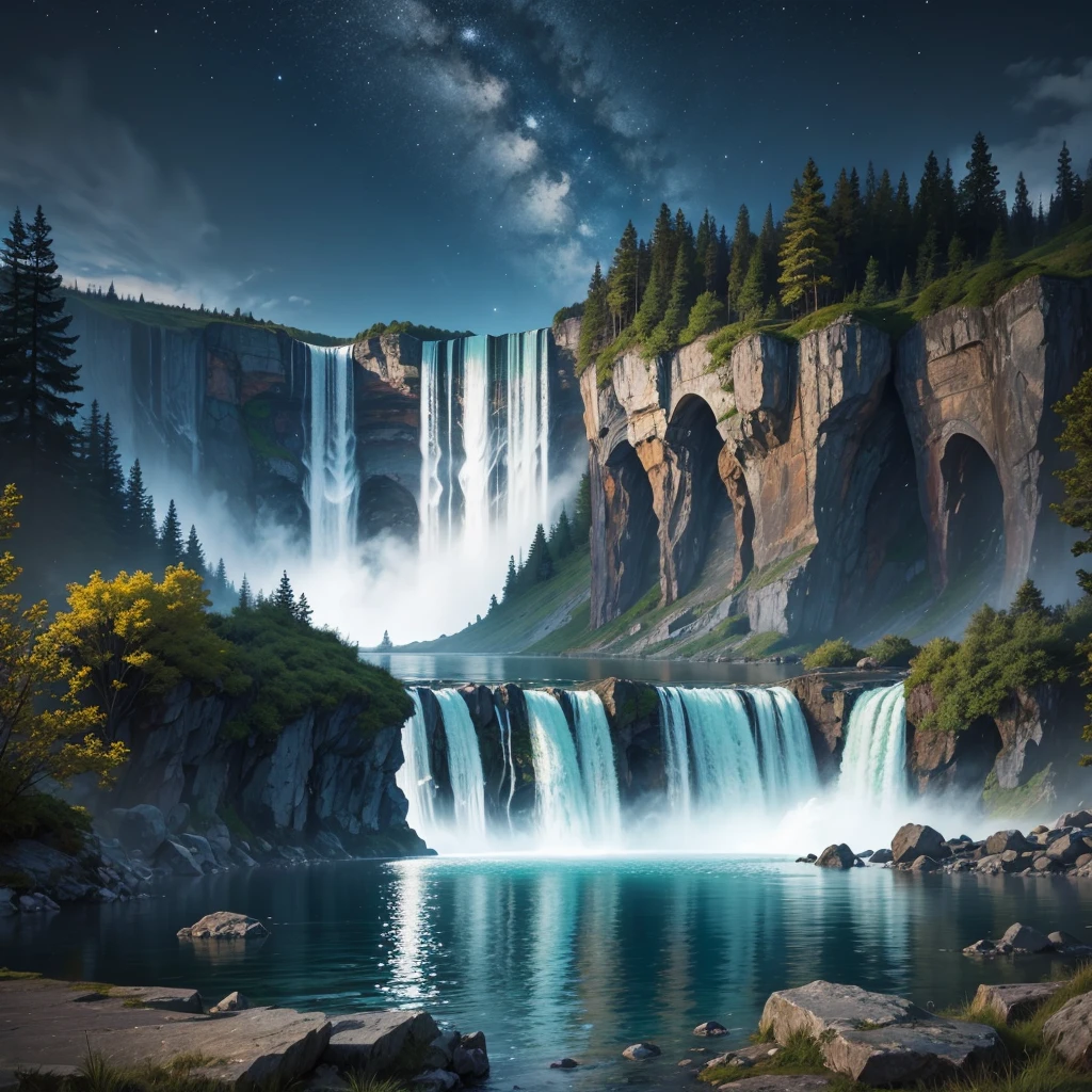 lake with a waterfall, at night