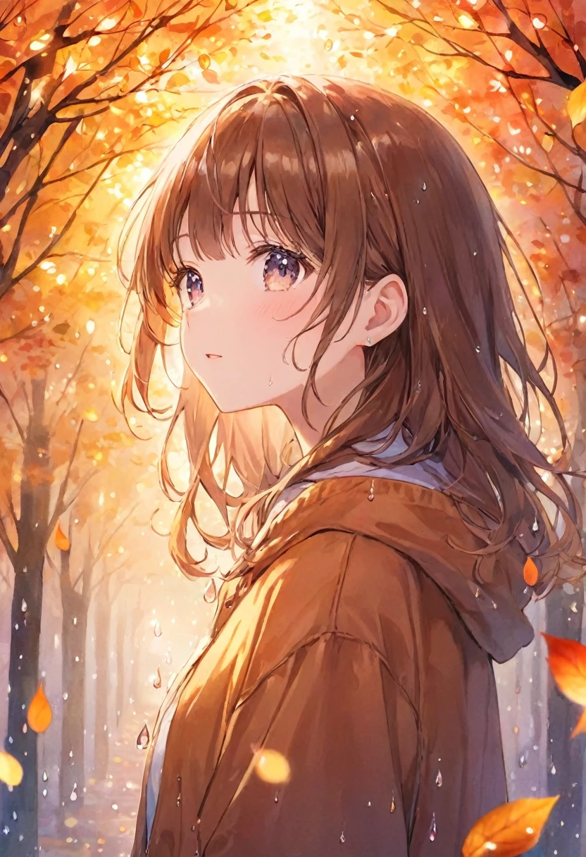 girl, Bright design, pastel colour, Drops of ink, Autumn lights、Brown Hair Color、